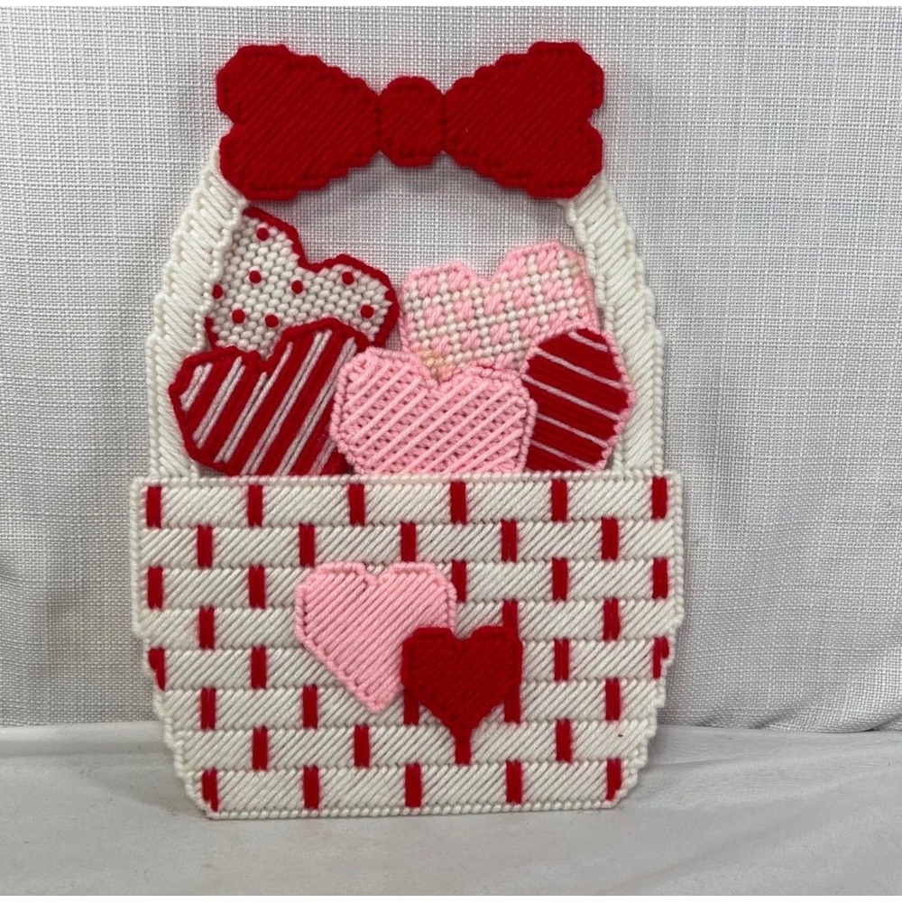Vintage Handmade Plastic Canvas Valentine Heart Basket Wall Hanging Decor